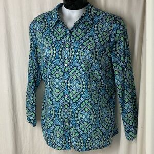 Talbots 2x Classic Modern Cotton Damask Top Shirt Blue Green Button Front